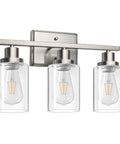 Killer 3 Light Wall Sconces With Clear Glass Shade And Brushed Nickel Finish showing three clear glass shades and brushed nickel mount.