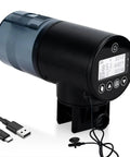 Rock Solid Automatic Fish Feeder With Nailed It Timing Accuracy And Rechargeable Battery For Home Aquariums and Backyard Ponds showing LCD panel and Type C cable.