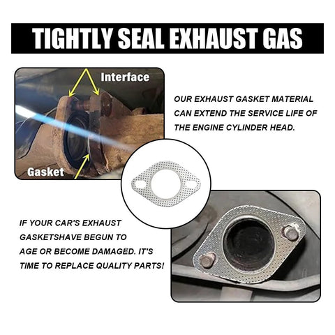 Exhaust flange gasket, 2-inch, 2-bolt, reinforced metal; front view and installed gasket shown