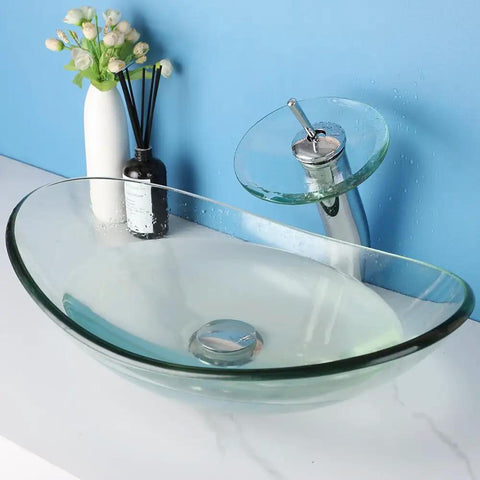 Slick 22 Inch Clear Glass Vessel Sink For Bathroom Oval Above Counter Bowl with Modern Waterfall Faucet and Pop Up Drain Combo