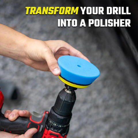 Person attaching pad to drill from Car Scratch Remover Kit For Scratches And Swirls, Paint Correction System With Drill Attachment.