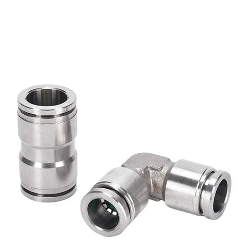 Heavy Duty 304 Stainless Steel Pneumatic Quick Connect Fittings Ten Piece Kit For Four Through Twelve Millimeter Air Lines, showcasing two fittings.