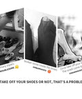 Image highlighting shoe-related problems with various footwear, underscoring the need for No Sweat Automatic Shoe Cover Dispenser Featuring Portable Overshoe Station With Two Hundred Disposable Plastic Foot Sleeves For Quick Waterproof Dustproof Shielding That Handles Your Lazy Daily Routine.