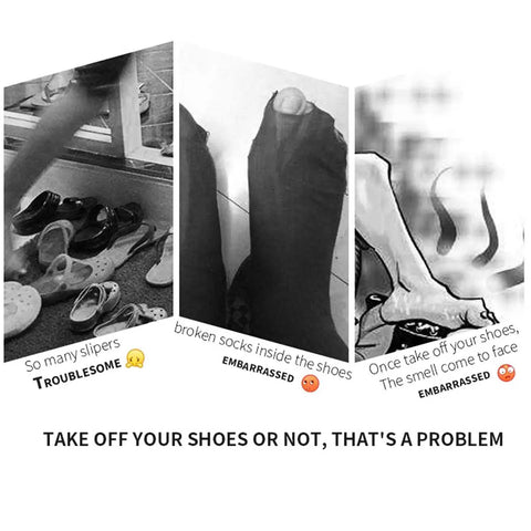 Image highlighting shoe-related problems with various footwear, underscoring the need for No Sweat Automatic Shoe Cover Dispenser Featuring Portable Overshoe Station With Two Hundred Disposable Plastic Foot Sleeves For Quick Waterproof Dustproof Shielding That Handles Your Lazy Daily Routine.