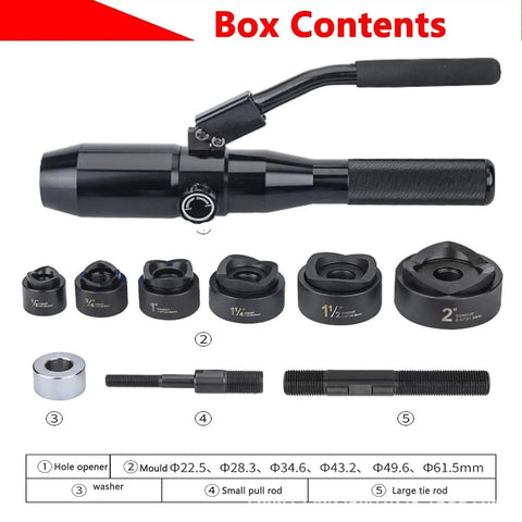 Metal Sheet Puncher Hydraulic Knockout Hole Punch Driver Kit with punch sizes and tools displayed