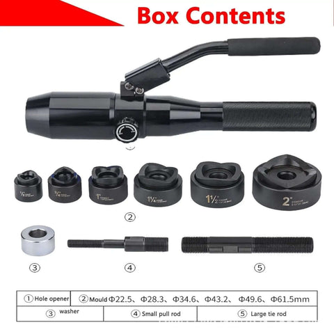 Hydraulic Knockout Hole Punch Driver Kit For Metal Sheets And Electrical Conduit Holes 16.5mm To 60.8mm showing contents with punches and rods