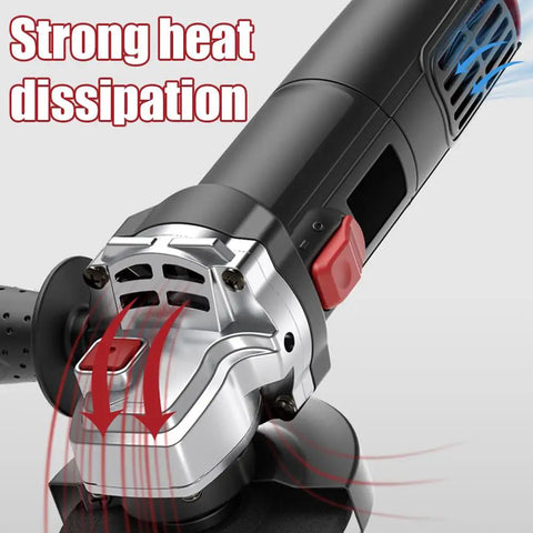 Supercharged 1300W Corded Angle Grinder With 100mm Capacity showing strong heat dissipation design for effective cooling.