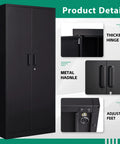 Lockable Steel Storage Cabinet With Locking Door 72 Inch Freestanding Wardrobe Heavy Duty Metal Locker For Office Home School Gym And Fire Department Rust Resistant Powder Coated Finish, detailed view of hinges, handle, and adjustable feet.