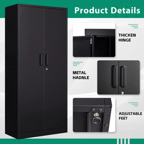 Lockable Steel Storage Cabinet With Locking Door 72 Inch Freestanding Wardrobe Heavy Duty Metal Locker For Office Home School Gym And Fire Department Rust Resistant Powder Coated Finish, detailed view of hinges, handle, and adjustable feet.