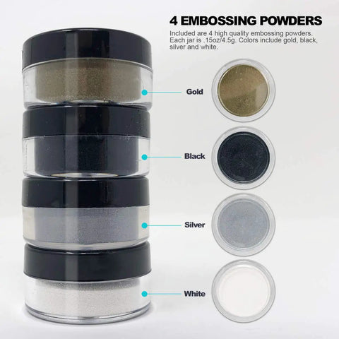 Stack of four embossing powder jars in gold, black, silver, white for Cool Crafting Tool Heat Gun For Embossing And Shrink Wrap