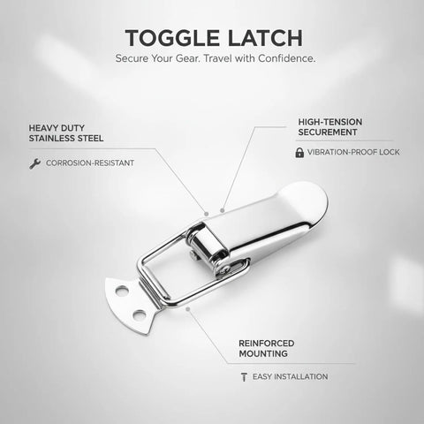 Heavy Duty Toggle Latch With Secure Grip Keeps Hinged Lids And Panels Locked Firm During Transport Perfect For Toolboxes Crates And Gear Boats, shown in stainless steel with corrosion-resistant finish.
