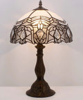Tiffany Style Stained Glass Table Lamp With White Bent Shade 12 Inch Shade 18 Inch Tall Lit Bedside Desk Reading Light Antique Green Bronze Base UL Listed Decor For Bedroom Living Room Home Office