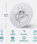 Close-up of 2 Pack LED Light Engine Retrofit Kit For Ceiling Fans And Lighting Fixtures With 6 Inch 24W 2200 Lumen Output 3 Color Temperature Modes 3000K 4000K 5000K Dimmable From Five To One Hundred Percent Easy Install Plug N Play showing specifications and dimensions.