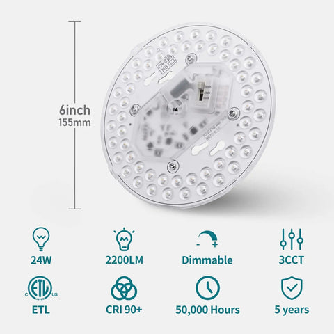 Close-up of 2 Pack LED Light Engine Retrofit Kit For Ceiling Fans And Lighting Fixtures With 6 Inch 24W 2200 Lumen Output 3 Color Temperature Modes 3000K 4000K 5000K Dimmable From Five To One Hundred Percent Easy Install Plug N Play showing specifications and dimensions.