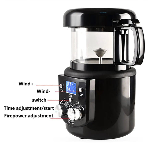 Automatic Hot Air Coffee Bean Roaster With Smart Timing And Integrated Cooling For Home Brews showcasing timer and firepower controls.