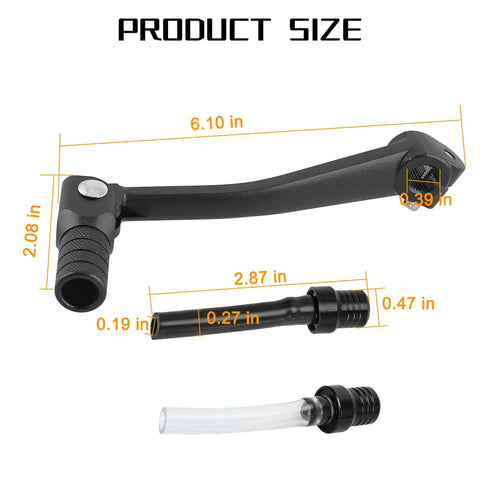 KHGUZ Folding Motorcycle Gear Shifter Lever Foldable Pedal Shifter Replacement For 50cc 70cc 90cc 110cc Pit Dirt Bikes Black Aluminum Alloy And Steel Durable Heavy Duty Bike Parts Includes Tank Cap Vent Hose Tube, showing dimensions and components.
