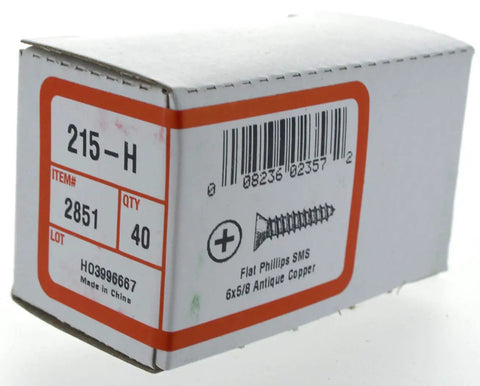 Top Notch Decorative Sheet Metal Screws 6 X 5/8 Inch Flat Head Antique Copper Phillips Drive Rustproof Fasteners box with label containing screw details.