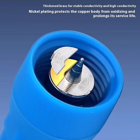 Close-up of a blue low-voltage wire connector with piercing terminal, part of a 10 Pieces Low Voltage Wire Connectors With Piercing Terminals For Quick Puncture Crimp Wiring, Adaptive Clamp For 1.5-4mm2 Main Line And 0.75-2.5mm2 Branch Line, Delivers Stable Conductivity In Vibration And Movement set.