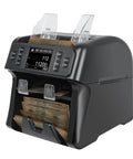 No Sweat Multi Currency Money Counter And Bill Sorter With Touchscreen Counterfeit Scanner Reject Tray showing cash counting in use.