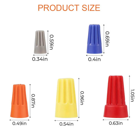 Five different colored wire connectors with sizes labeled, featuring the largest size as red. Product: 600 Pack Orange Wire Connectors Nuts 18 To 16 AWG Nylon Shell With Metal Spring Insulating Caps Twist On Electrical Wire Connectors For Home Wiring DIY Projects And Electrical Repairs.