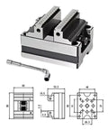 Self Centering Concentric Vise Featuring A Six Axis Rotary Turntable Fixture For Tight Machining Jobs Delivering Hella Precise Alignment And Rock Solid Grip Across The 6 To 60 Millimeter Span with precision jaws and measurement details.