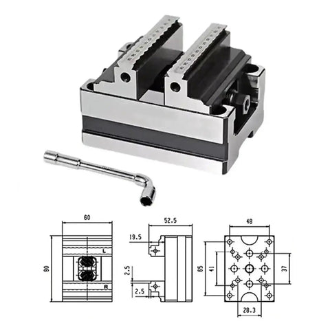 Self Centering Concentric Vise Featuring A Six Axis Rotary Turntable Fixture For Tight Machining Jobs Delivering Hella Precise Alignment And Rock Solid Grip Across The 6 To 60 Millimeter Span with precision jaws and measurement details.