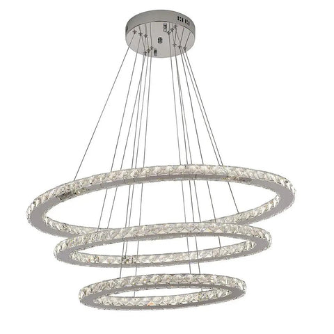 Lit Three Ring LED Crystal Chandelier With Stainless Steel Frame, Dimmable Brightness, 4000K LED, Modern Pendant Lighting in silver finish