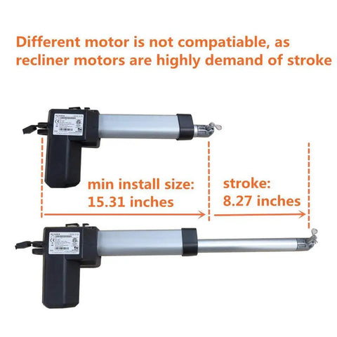 DeltaDrive Motor Actuator Replacement Kit for electric recliner lift chair, showing 8.27 inch stroke and 15.31 inch install size.