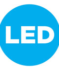 Blue circle with bold white LED text, symbolizing energy-efficient lighting for Washburn LED Outdoor Indoor Ceiling Light With Clear Seedy Glass
