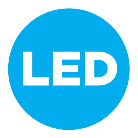 Blue circle with bold white LED text, symbolizing energy-efficient lighting for Washburn LED Outdoor Indoor Ceiling Light With Clear Seedy Glass