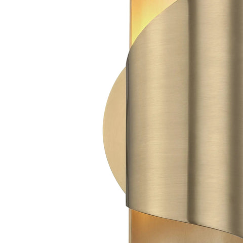 Close-up of Evie One Light Wall Sconce In Aged Brass, Modern Dope Wall Lighting, showing curved metal detail, Evie Collection