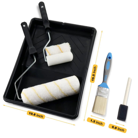 All In One 9 Piece Paint Roller Set With 9 Inch And 4 Inch Microfiber Rollers Brushes Tray Sponge Brush Sleeves kit