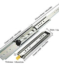 Beefy 500lbs Locking Drawer Slides With Full Extension Side Mount Ball Bearing Rails For Tool Boxes And Cabinets 56 Inch 140cm 145cm And 58in Lengths, Yellow Release Levers For Secure Locking When Closed Or Open, showcasing dimensions and yellow lever.