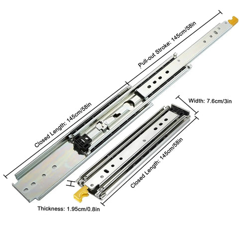 Beefy 500lbs Locking Drawer Slides With Full Extension Side Mount Ball Bearing Rails For Tool Boxes And Cabinets 56 Inch 140cm 145cm And 58in Lengths, Yellow Release Levers For Secure Locking When Closed Or Open, showcasing dimensions and yellow lever.