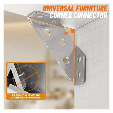 90 degree stainless steel corner brace mounted on furniture for stability, part of Tough As Nails 10 Pack Heavy Duty Stainless Steel Corner Braces.