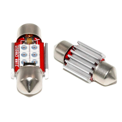 Super Bright Red DE3021 31mm Festoon LED Bulbs 6 SMD 3030, 500 Lm Each, Pack of 4, close-up of two bulbs showing LEDs.