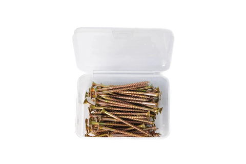 Tough As Nails Ten By Three Inch Deck Screws With Square Robertson Drive And Bugle Heads For Smooth Driving in clear box.
