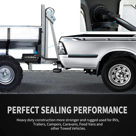 Heavy Duty 7 Way Trailer Plug 8 Foot Inline Trailer Cord With Weatherproof Wiring Harness Junction Box connected to vehicle and trailer.