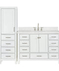 Top Notch 68 Inch Bathroom Vanity Set Packs 48 Inch Single Sink Base And 20 Inch Linen Cabinet with quartz countertop.