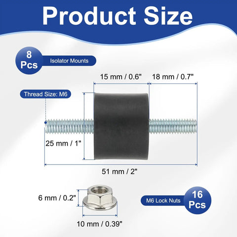 M6 Rubber Isolator Mounts 25x15mm 8 Pack Beefy Heavy Duty Anti Vibration Shock Absorbers With Lock Nuts For Motors Air Compressors And Engines 51mm Height Built To Last, size diagram with M6 thread and lock nut