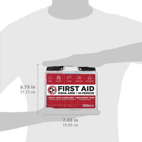 Front view of red plastic Be Smart Get Prepared OSHA/ANSI First Aid Kit with black latches, 10-person, 100-piece