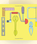 Illustration of tools from Totally Awesome Toddler Tool Book Highlighting Hammers Saws Pliers And Fasteners With Bright Pictures.