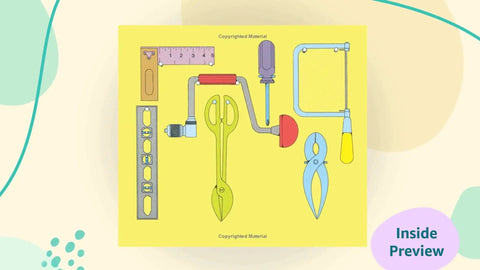 Illustration of tools from Totally Awesome Toddler Tool Book Highlighting Hammers Saws Pliers And Fasteners With Bright Pictures.