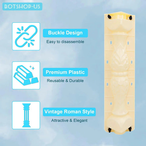 Two Part 26 Inch Concrete Roman Molds For DIY Balustrades And Garden Decor Easy To Use European Roman Casting Mold For Cement Plaster And Concrete Front And Back Pieces For A Sturdy Fence Or Balcony Rail Molding, shown with buckle design and premium plastic features.