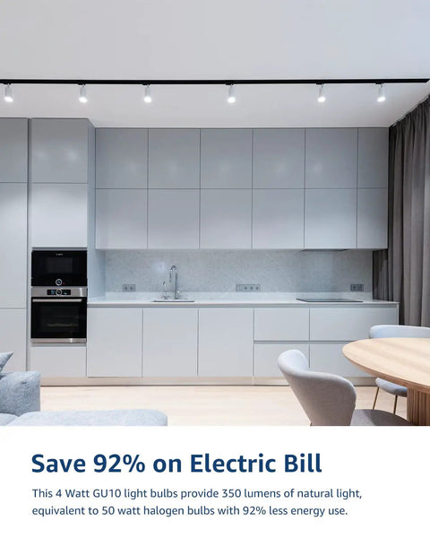Modern kitchen with recessed track lighting using Non Dimmable 4W GU10 LED Light Bulbs 5000K Daylight White 6 Pack.