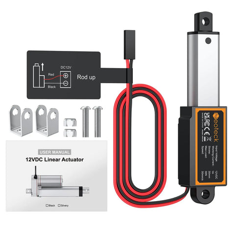 Straight Shooting 12 Volt Telescoping Linear Actuator With One Point Two Inch Stroke Delivers Six Point Seven Pound Push Thrust and wiring accessories.
