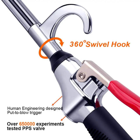 High Volume Air Blow Gun With Extendable Nozzle Up To 26 Inches featuring 360° swivel hook and durable zinc alloy body