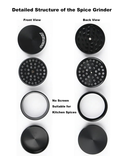 Detailed structure showing front and back view of the 2 Inch Spice Grinder For Kitchen Spices Screen Free 3 Piece 4 Part Zinc Alloy Black Portable Grinder With Sharp Teeth For Effortless Grinding Ideal For Home Cooking Boss Build Easy Cleaning Travel Friendly