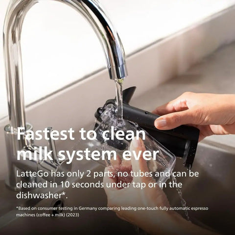 Cleaning LatteGo milk system under tap with water for Fully Automatic Espresso Coffee Maker With LatteGo Milk Frother And Ceramic Grinder.