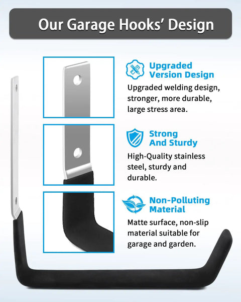 Diagram showing the Extra Long 11 Inch Heavy Duty Garage Hooks 4 Pack Wall Mount Hangers design and materials.